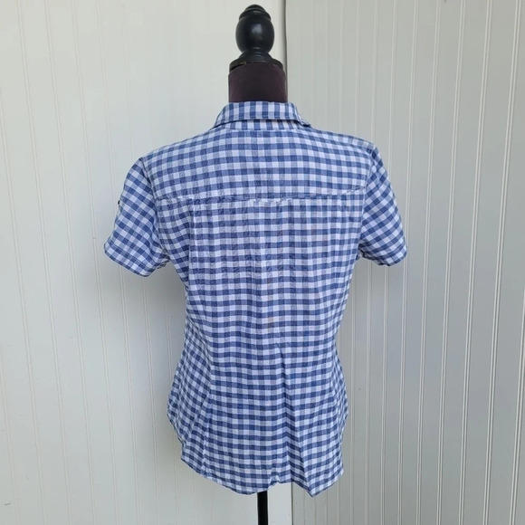 H&M LOGG Shirt Womens Blue White Button Up Plaid Shirt Short Sleeve Cotton Sz 14 - Picture 10 of 11